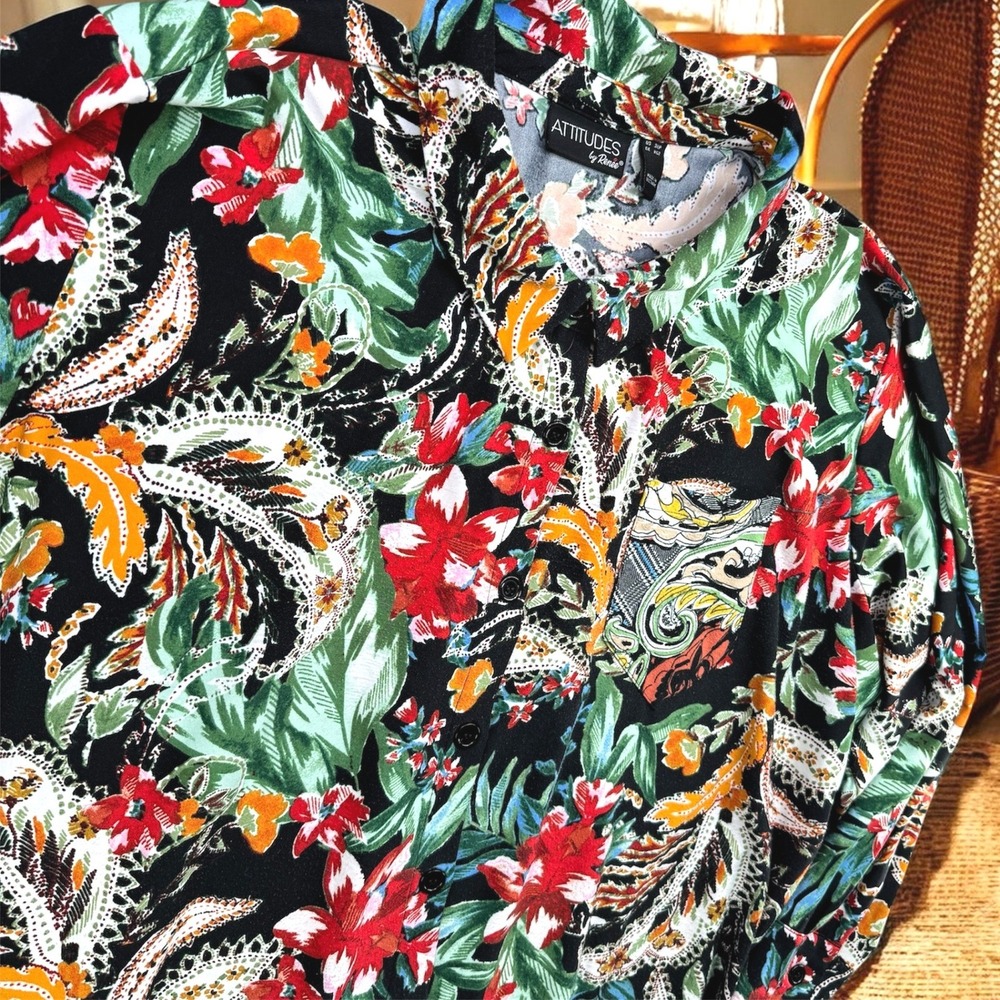 Attitudes‎ By Renee Shirt Women 3XP Tropical Paisley Button Up Blouse Top Boho